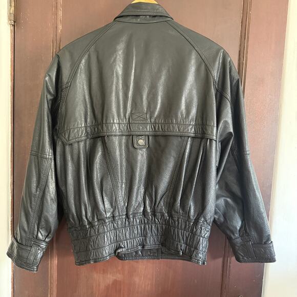 80s Vintage BYRNES & BAKER Biker style Long Lapel Black Leather Jacket | Medium - Picture 2 of 6